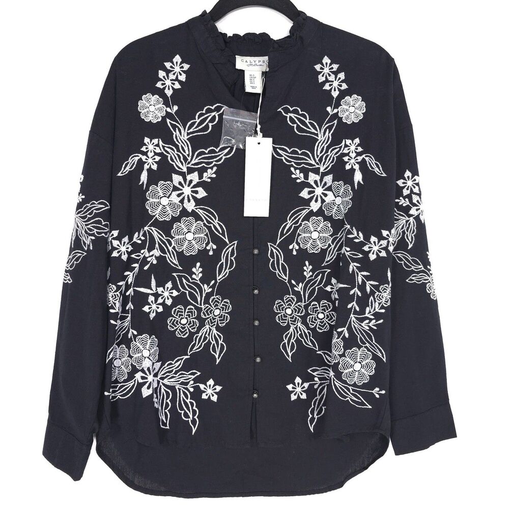 CALYPSO St. Barth NEW Women SMALL Embroidered 100%‎ LINEN Top Shirt Black White